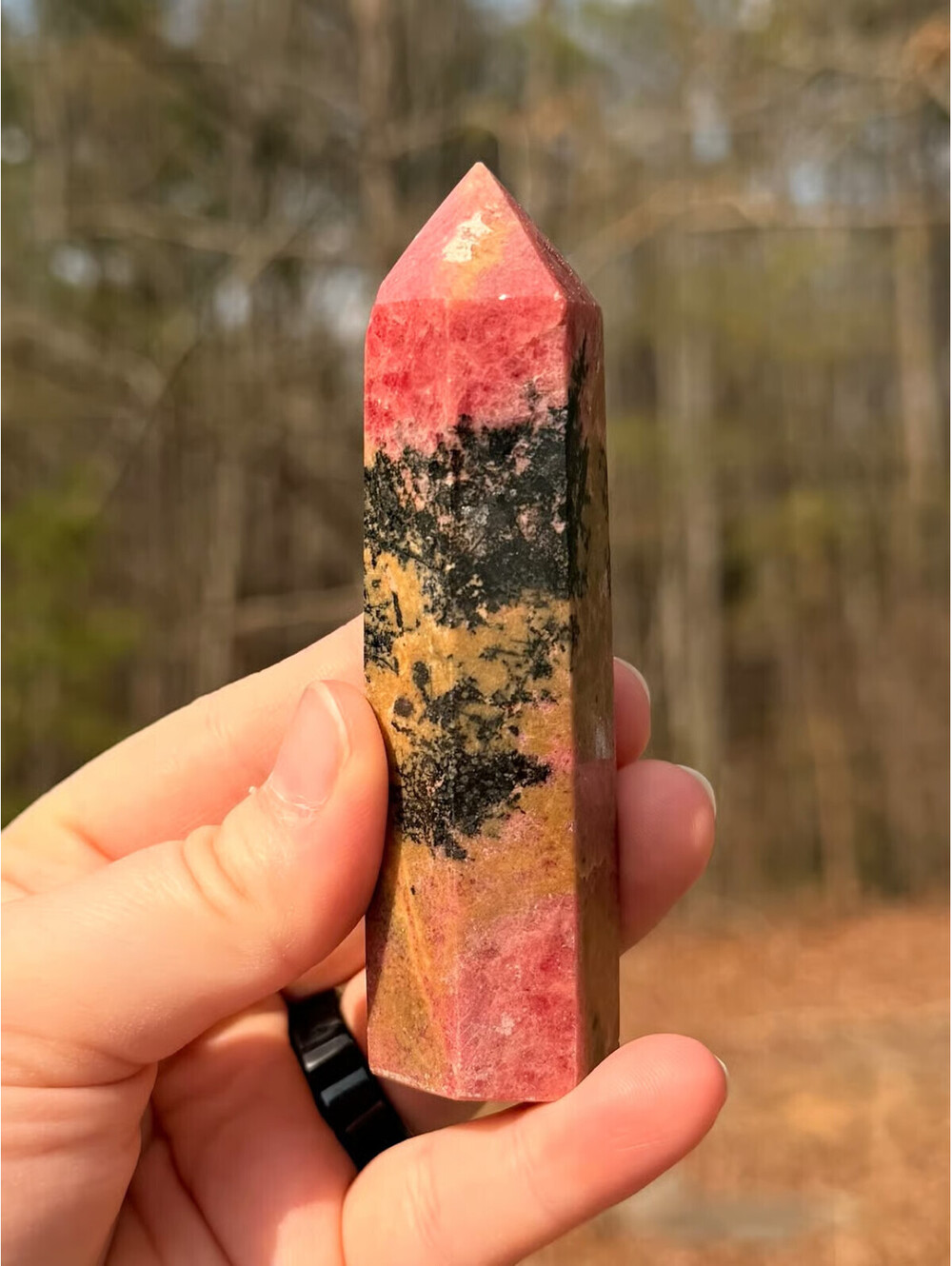 Natural Rhodonite Crystal Tower Pink Black Polished Point